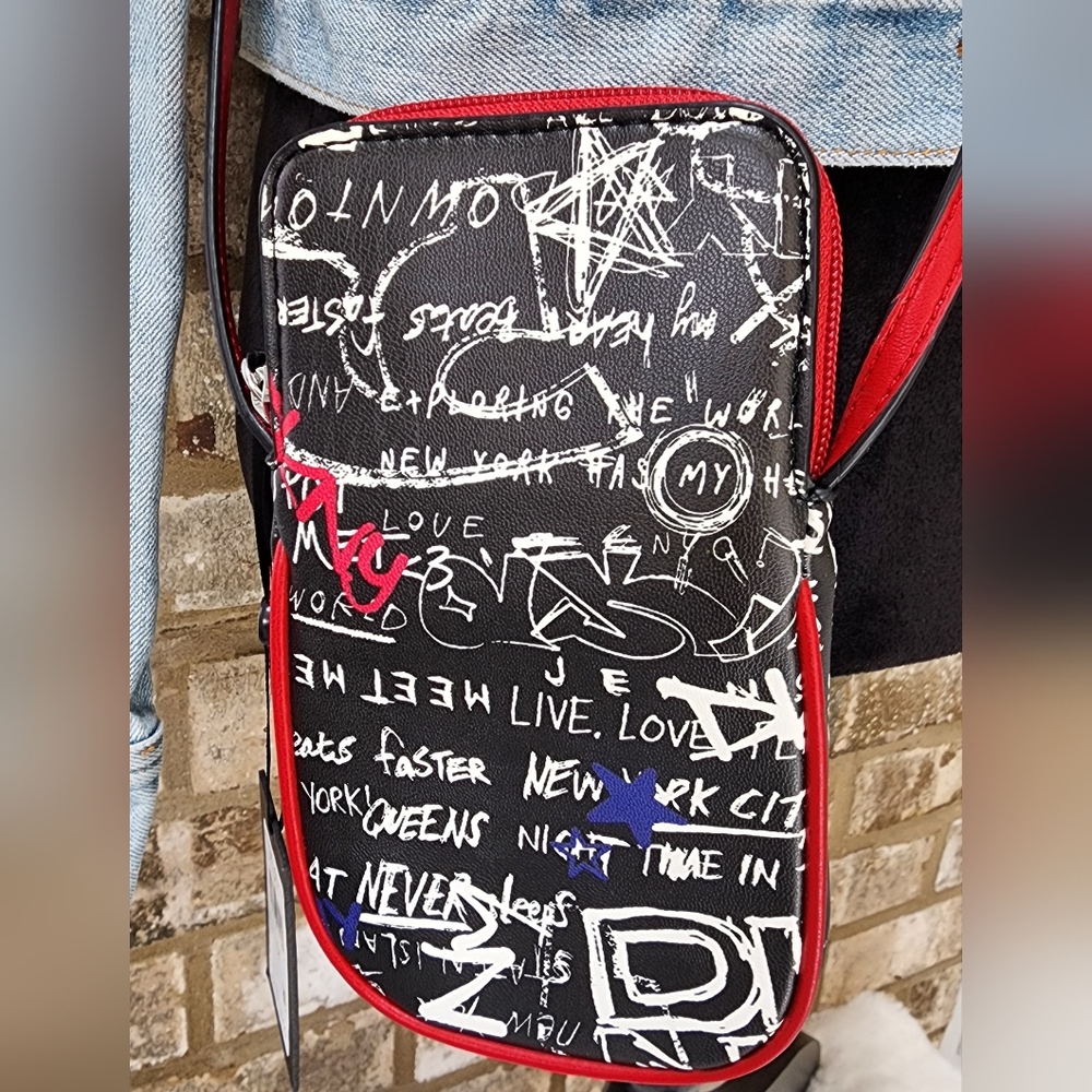 DKNY Black & White Graffiti Phone Crossbody Red Adjustable Strap NWT!